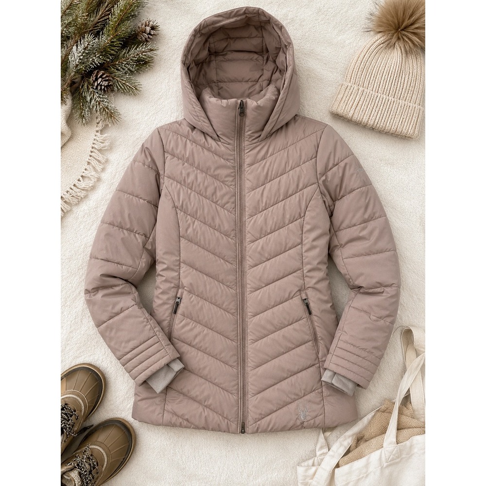 Spyder Women's Taupe Hooded Puffer‎ Jacket Small Quilted Winter Coat Warm